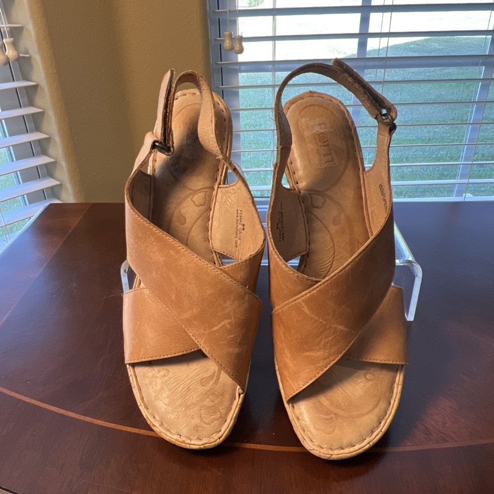 Born Tan Leather Cork Wedge Sandals Women Sz 9 Boho F19641 Comfort High Heel